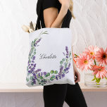 Lavender eucalyptus greenery floral name script tote bag<br><div class="desc">White background,  decorated with lavender flowers and eucalyptus greenery.
Personalise  and add your name. Black letters.</div>
