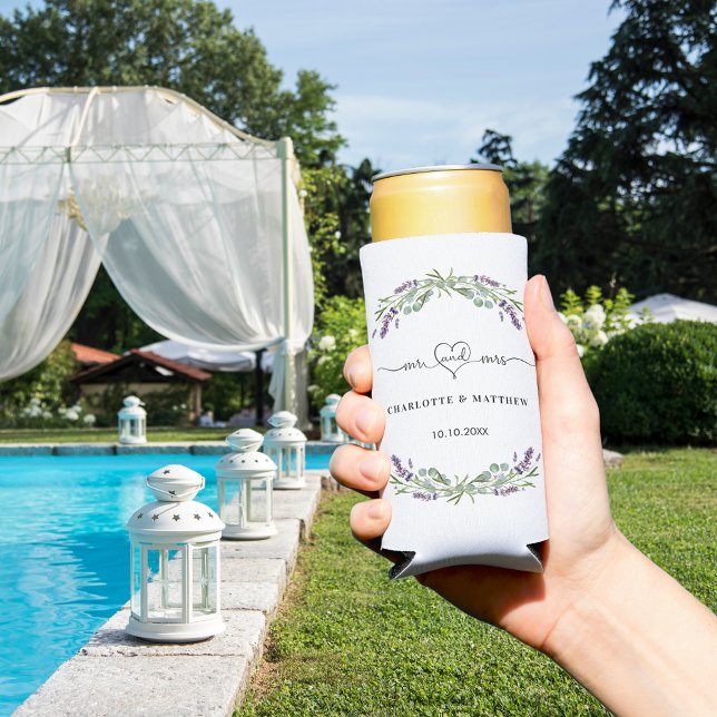 Lavender eucalyptus greenery mr mrs heart wedding seltzer can cooler (Creator Uploaded)