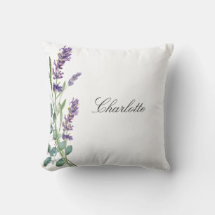 Lavender eucalyptus greenery name script white cushion