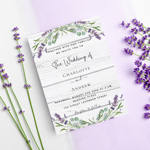 Lavender eucalyptus greenery white wood wedding invitation postcard