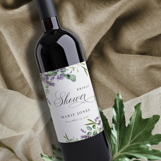 Lavender Eucalyptus Leafy Foliage Bridal Shower Wine Label (Creator Uploaded)