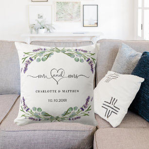 Lavender eucalyptus mr mrs names wedding cushion