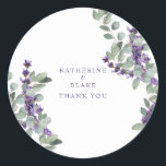 Lavender & Eucalyptus Names Wedding Thank You Classic Round Sticker<br><div class="desc">Watercolor Eucalyptus and Lavender.    Wedding Thank You Sticker.  Elegant Colourful.  Floral.  Names.</div>