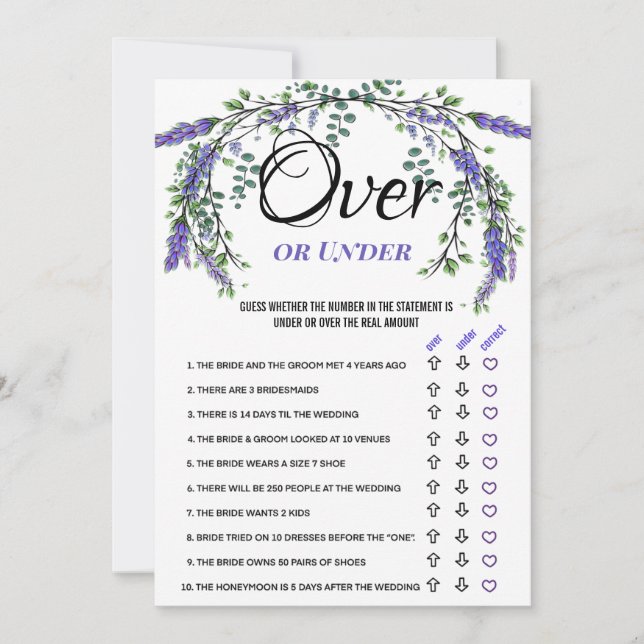 Lavender eucalyptus Over Under Bridal Shower Game Invitation (Front)