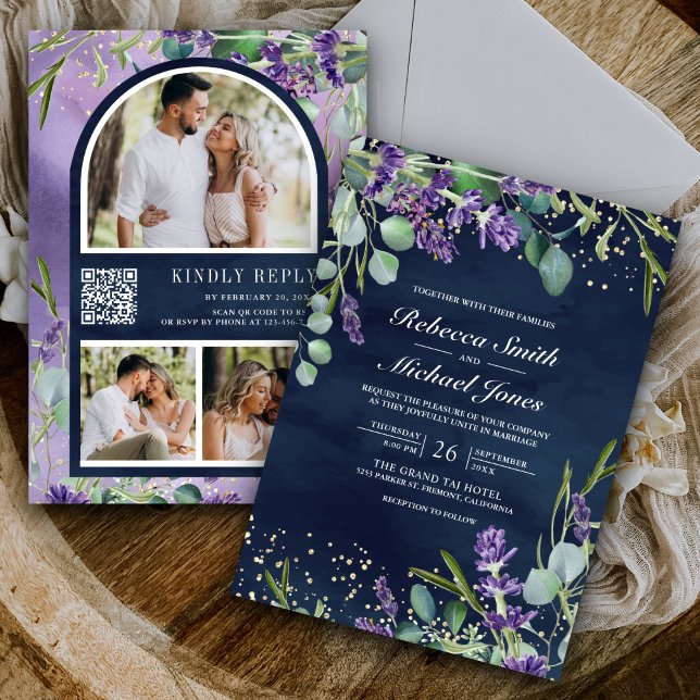 Lavender Eucalyptus Photo Navy QR Code Wedding Invitation (Creator Uploaded)