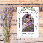 Lavender eucalyptus photo QR wedding save the date<br><div class="desc">A modern and elegant Save the Date for a wedding. A white background decorated with lavender flowers and eucalyptus greenery. Personalise and add a date, photo and your names. The text: Save the Date is written with a large trendy hand lettered style script. Back: green background, your url to your...</div>