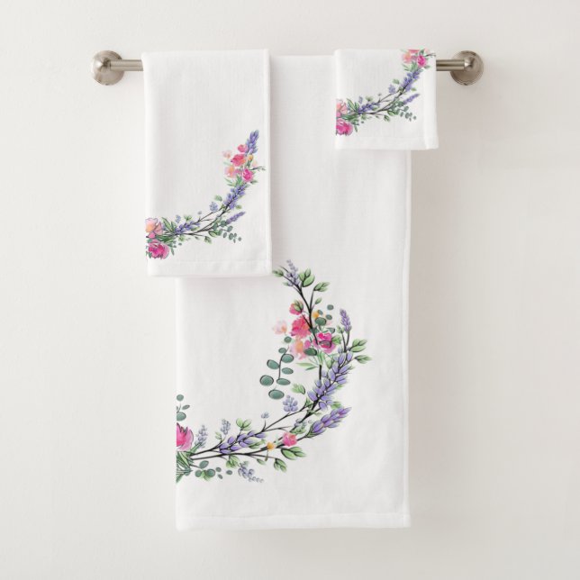 Lavender Eucalyptus pink roses watercolor   Bath Towel Set (Insitu)