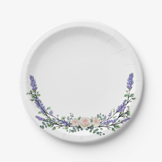 Lavender Eucalyptus pink white rose Paper Plate (Front)