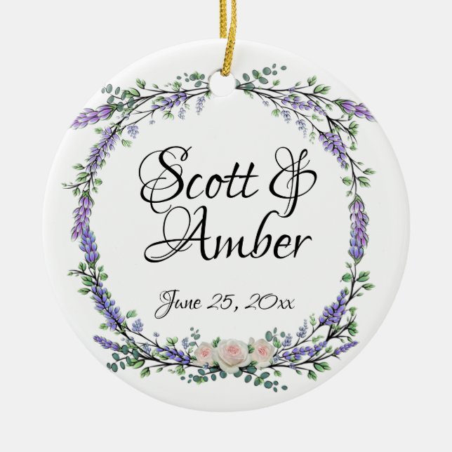 Lavender Eucalyptus pink white roses Ceramic Tree Decoration (Front)