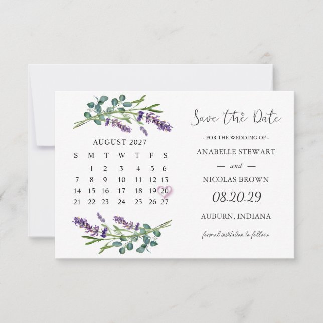 Lavender Eucalyptus Save the Date Calendar Card (Front)