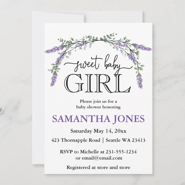 Lavender eucalyptus watercolor baby shower  invita invitation (Front)