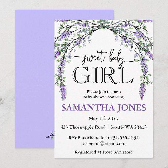 Lavender eucalyptus watercolor baby shower  invita invitation (Front/Back)