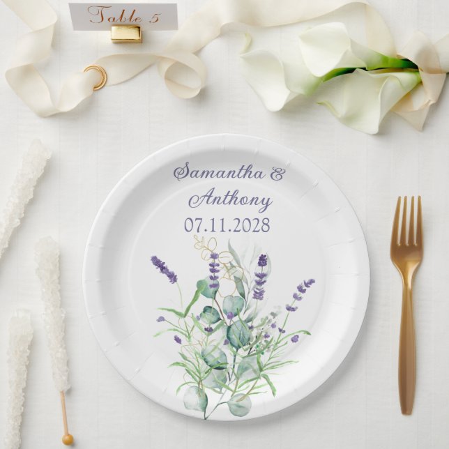 Lavender Eucalyptus Watercolor Herbs Purple  Paper Plate (Wedding)