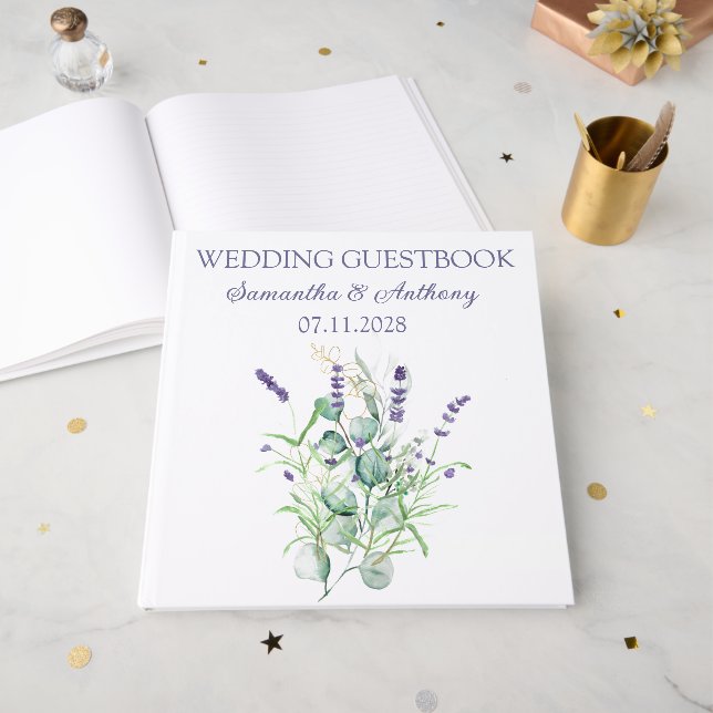 Lavender Eucalyptus Watercolor Herbs Wedding Guest Book (Front Open)