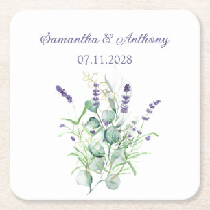 Lavender Eucalyptus Watercolor Herbs Wedding Square Paper Coaster