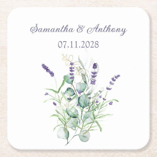 Lavender Eucalyptus Watercolor Herbs Wedding Square Paper Coaster (Front)