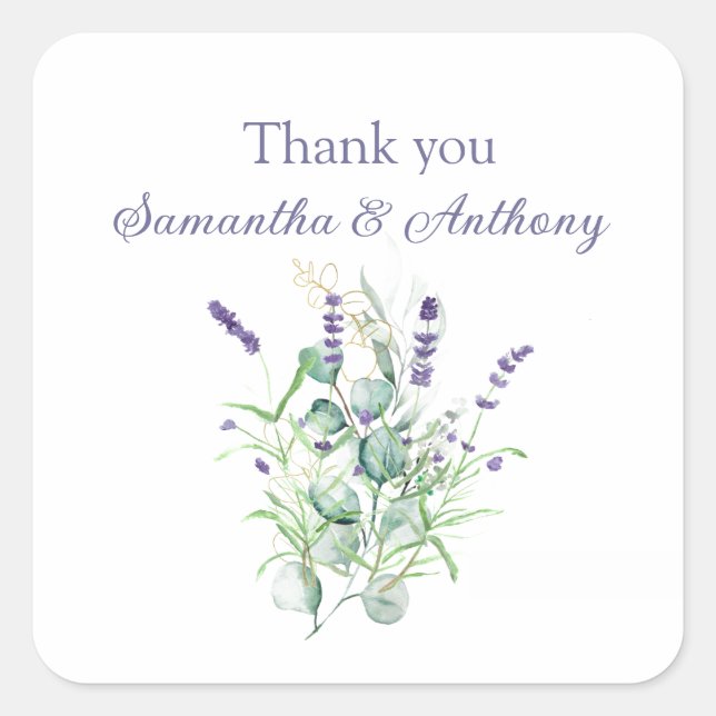 Lavender Eucalyptus Watercolor Herbs Wedding Square Sticker (Front)
