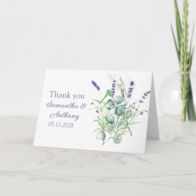 Lavender Eucalyptus Watercolor Herbs Wedding Thank You Card (Front)