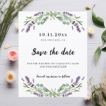 Lavender eucalyptus wedding save the date card<br><div class="desc">A modern and elegant Save the Date for a wedding. A white background decorated with lavender flowers and eucalyptus greenery. Personalise and add a date and your names. The text: Save the Date is written with a large trendy hand lettered style script. Back: lavender coloured background. 1 sheet = 1...</div>