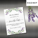 Lavender eucalyptus wedding save the date magnet<br><div class="desc">A modern and elegant Save the Date magnetic card for a wedding. A white background decorated with lavender flowers and eucalyptus greenery.  Personalise and add a date and your names. The text: Save the Date is written with a large trendy hand lettered style script.
Back: green background</div>