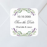 Lavender eucalyptus wedding Save the Date Square Sticker<br><div class="desc">A Save the Date sticker for your wedding. A stylish white background decorated with lavender flowers and eucalyptus greenery.  Personalise and add your names and wedding date.</div>