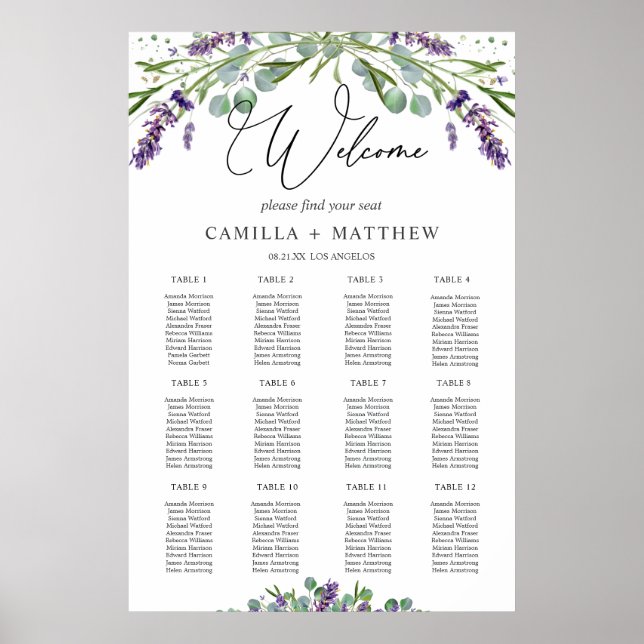 Lavender Eucalyptus Wedding Seating Chart (Front)