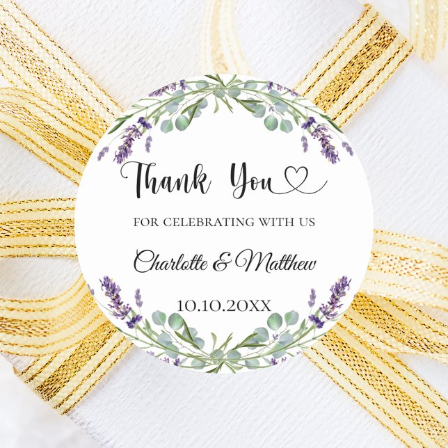Lavender eucalyptus wedding thank you classic round sticker (Creator Uploaded)