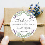 Lavender eucalyptus wedding thank you classic round sticker<br><div class="desc">A stylish white background decorated with lavender flowers and eucalyptus greenery.  Personalise and add your names and wedding date. With the text: Thank you for sharing our special day.</div>