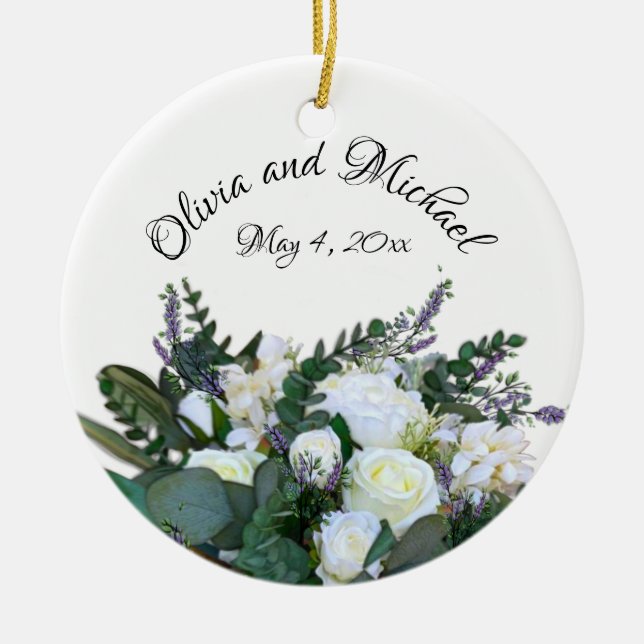 Lavender Eucalyptus white roses greenery    Ceramic Tree Decoration (Front)