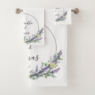 Lavender Eucalyptus yellow roses watercolor  Bath Towel Set