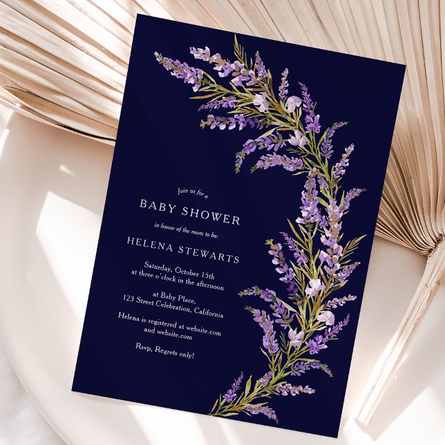 Lavender Fall floral watercolor baby shower Invitation (Lavender Fall floral watercolor baby shower Invitation on navy blue)