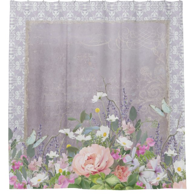 Lavender Farmhouse Country Rustic Floral Peonies Shower Curtain (Front)