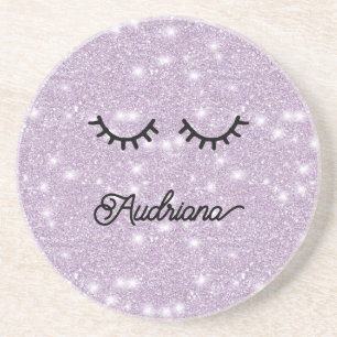 Lavender Faux Glitter Eyelashes Personalized Name Coaster