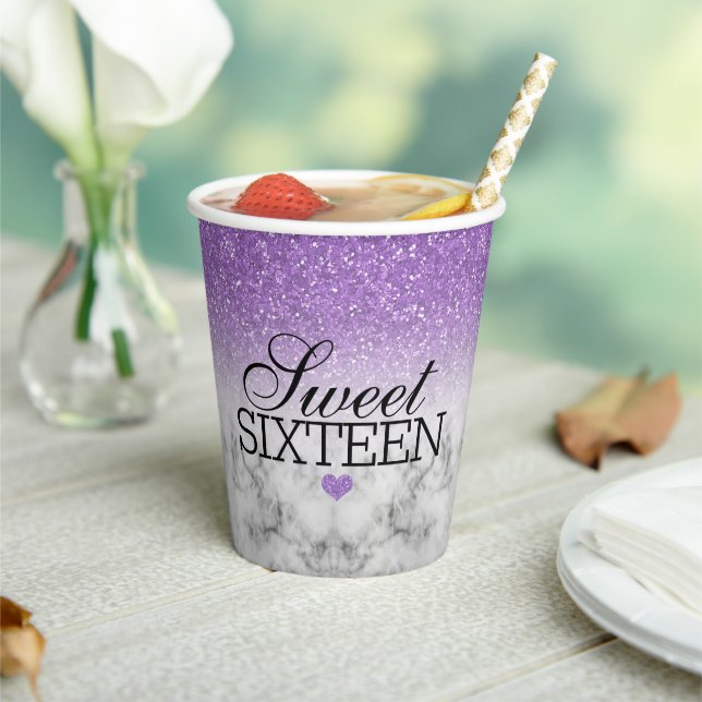 Lavender Faux Glitter/Marble Sweet 16 Paper Cups (Insitu)