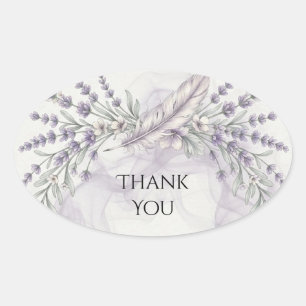 Lavender Feather Floral Wedding Thank You Oval Sticker