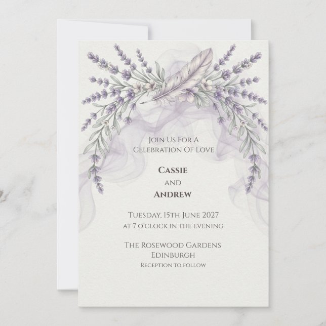 Lavender Feather Wedding Invitation (Front)