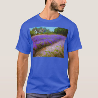 Lavender Field and Farm House Landscape Oil Painti T-Shirt