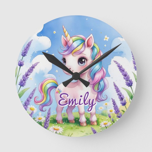 Lavender Field Unicorn Editable Name Clock (Front)