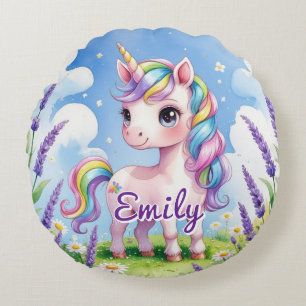 Lavender Field Unicorn Editable Name Round Pillow