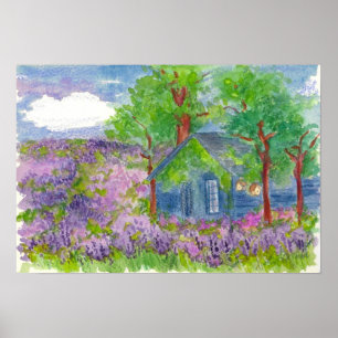 Lavender Fields Country Cabin Watercolor Painting Poster