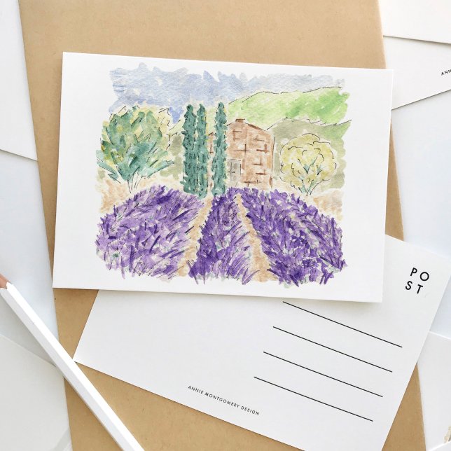 Lavender Fields France Watercolor Travel Postcard (French lavender fields watercolor travel postcard.)