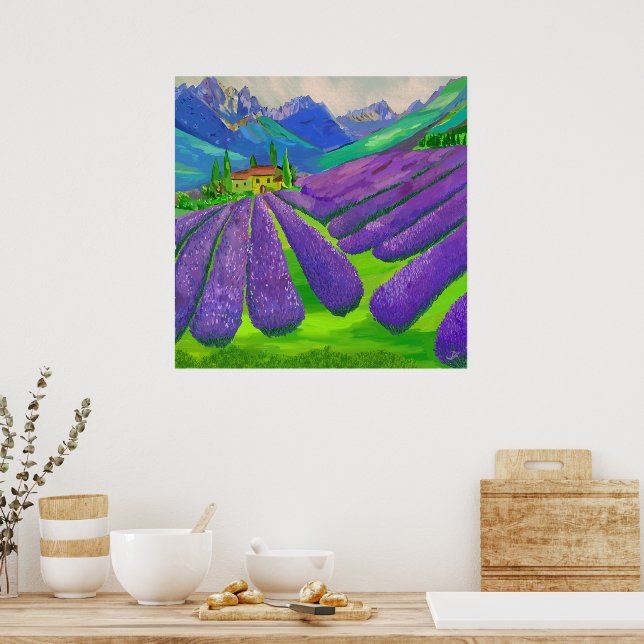 Lavender fields in front of mountains poster (Kitchen)