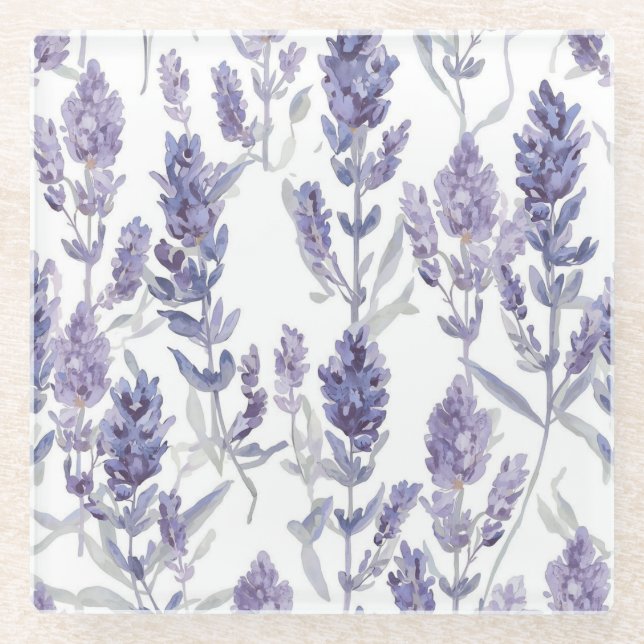 Lavender Fields | Purple Watercolor Flower Pattern Glass Coaster (Front)