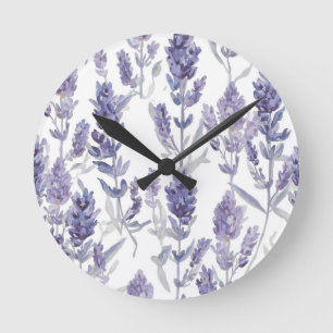 Lavender Fields Purple Watercolor Flower Pattern Round Clock
