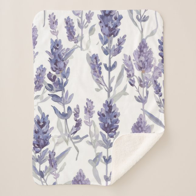 Lavender Fields | Purple Watercolor Flower Pattern Sherpa Blanket (Front)