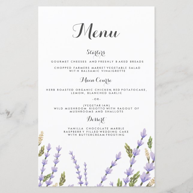 Lavender Fields Wedding Dinner Menu (Front)