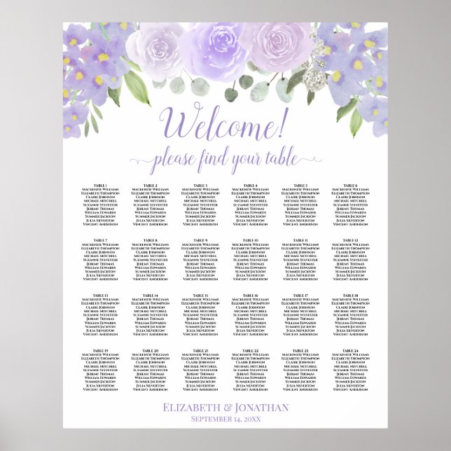 Lavender Floral 24 Table Wedding Seating Chart (Front)
