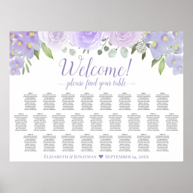 Lavender Floral 25 Table Wedding Seating Chart (Front)