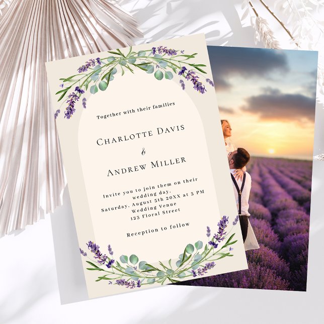 Lavender floral arch photo beige wedding invitation (Creator Uploaded)