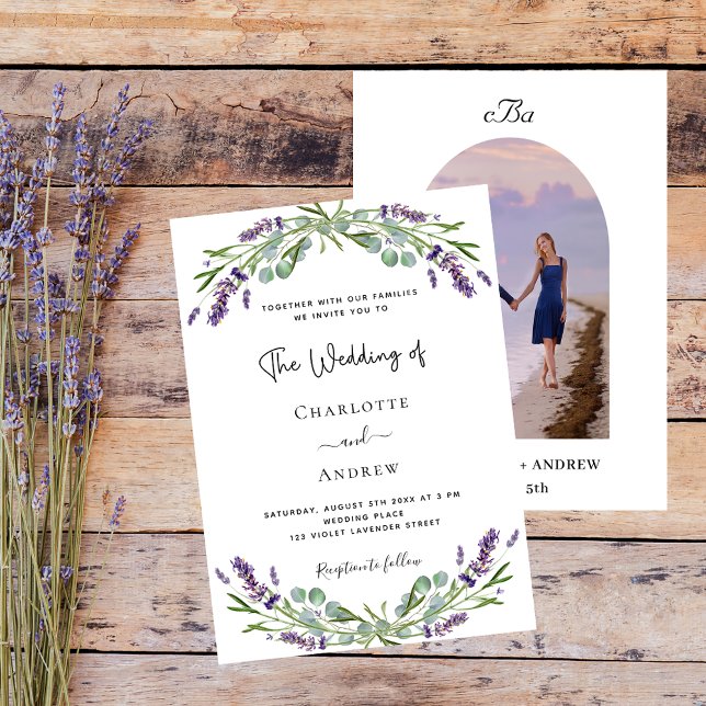 Lavender floral arch photo monogram luxury wedding invitation (Creator Uploaded)